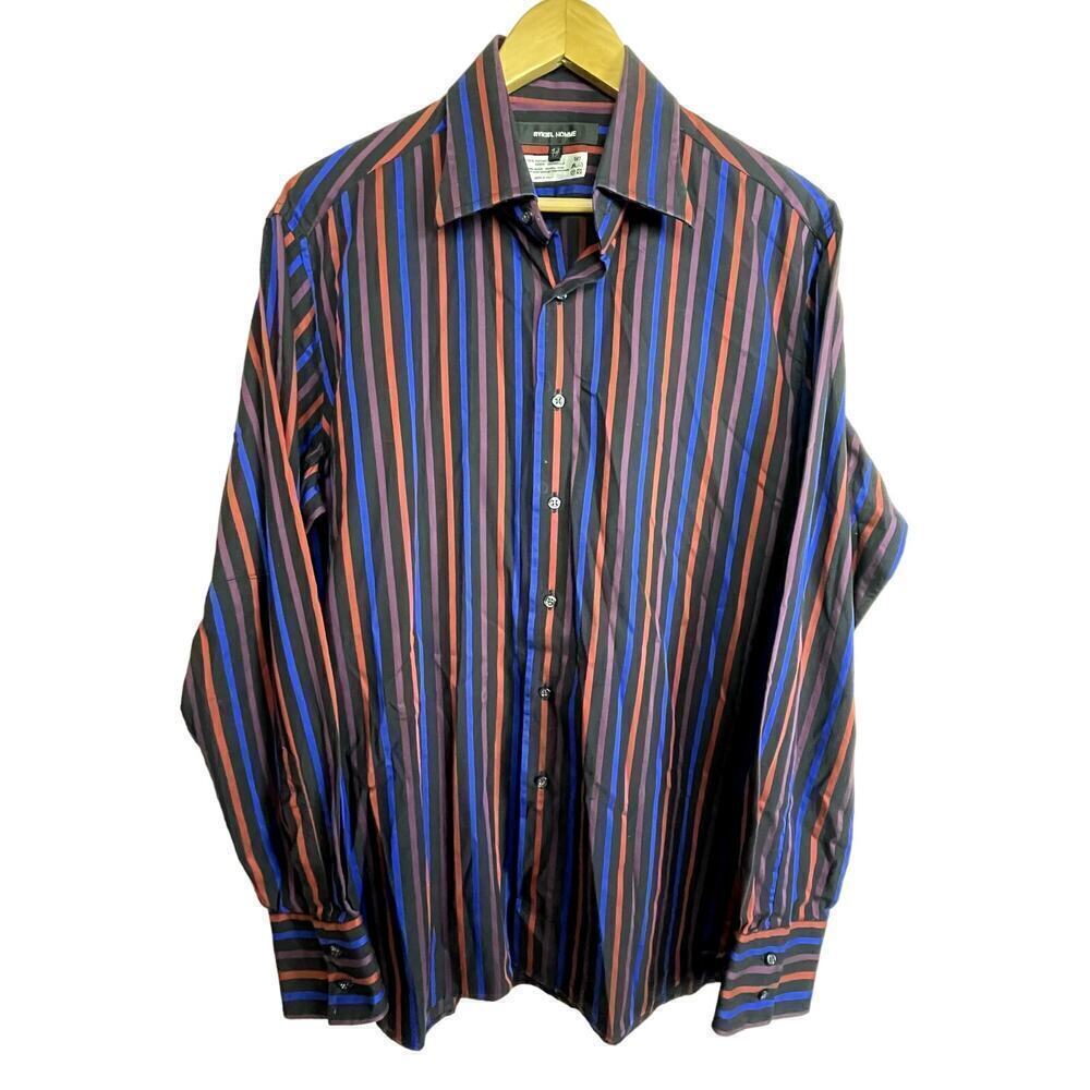 Rykiel Homme Men's Shirt Italy Sz 17 Black Colorful Stripe Long Sleeve Button Up